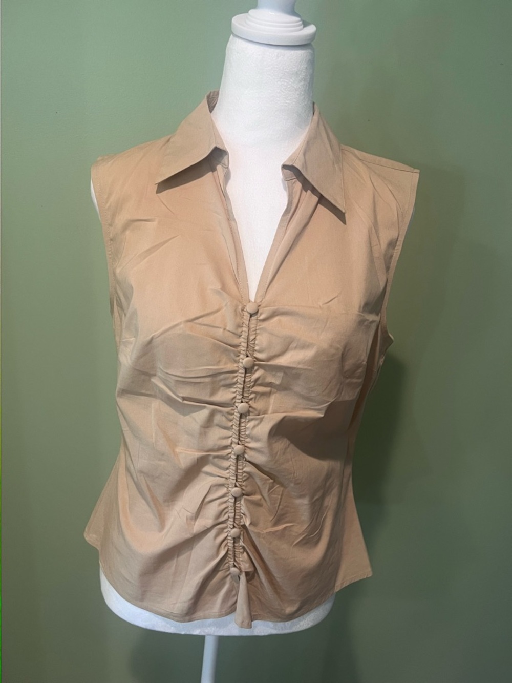 Apostrophe Beige Sleeveless Ruched Button-Front Blouse